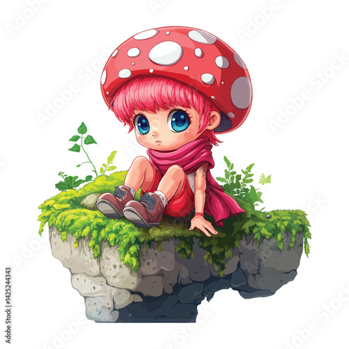 Cute Anime Mushroom Girl Sitting on a Rock