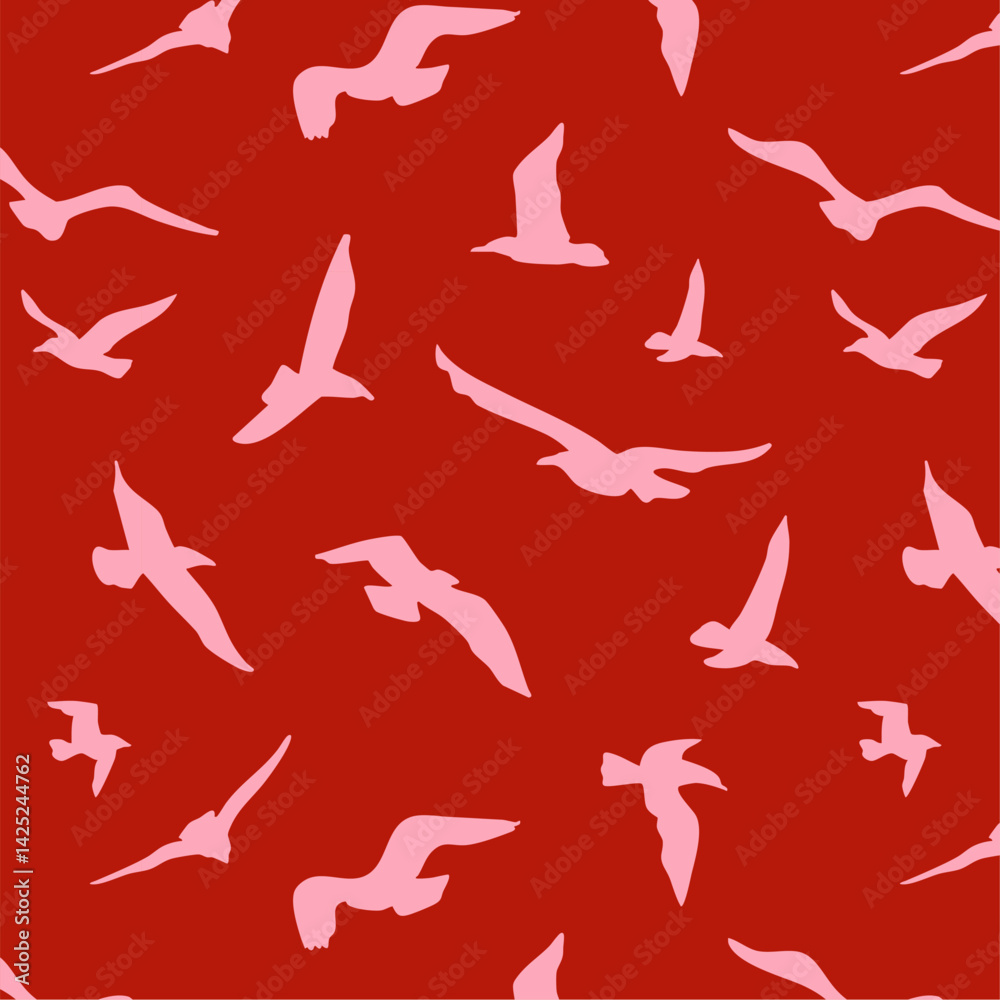 pink seagulls on the isolated red background, hand drawn, seamless pattern, ornament, summer cover, background, decoration for textile, fabric, wrapping paper, wallpaper, vector pink seagulls on the isolated red background, hand drawn, seamless pattern, ornament, summer cover, background, decoration for textile, fabric, wrapping paper, wallpaper, vector