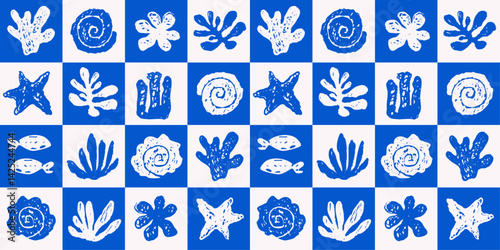 grunge hand drawn sea seamless pattern, textured, doodle, scribble, decoration for packaging, textile, cover, fabric, clothing, background, wallpaper, vector 