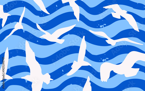 summer sea background with seagulls, grunge, textured, hand drawn, wallpaper, cover, decoration, vector illustration