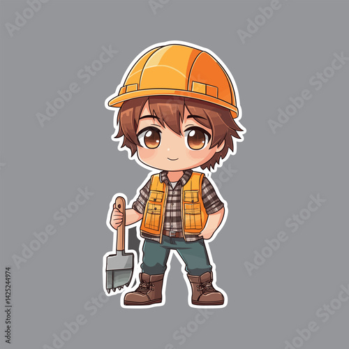 Cute Cartoon Construction Worker with Shovel and Helmet