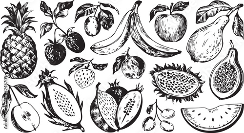 Classic hand drawn botanical sketch featuring a mix of tropical fruits and vegetables in a monochrome vintage style emphasizing texture and shape