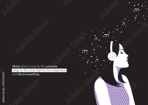 Girl listening music vector illustration. Girl with music quote
