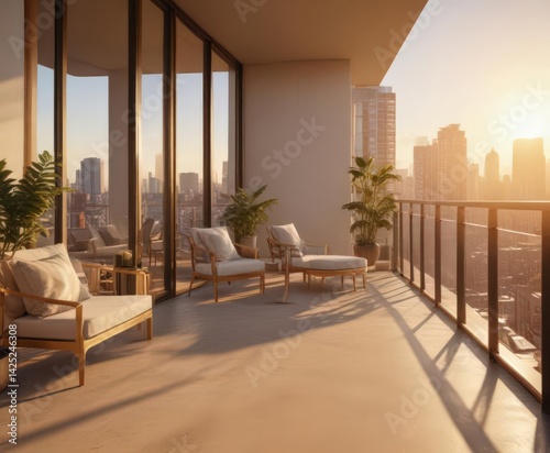 Golden hour sun bathes a modern high-rise apartment's spacious balcony and elegant interior ,  home decor,  upscale,  sunset