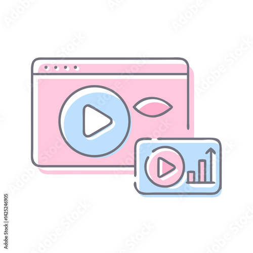 Video marketing icon with play button and content screen on transparent background