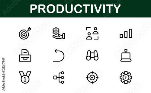 Productivity Essentials Icon Set. Clean, Professional, and User-Friendly Graphics for Work, Office, and Digital Planning Projects