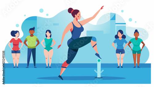 A woman with a prosthetic leg confidently leading an aqua aerobics routine while the rest of the class follows along.. Vector illustration