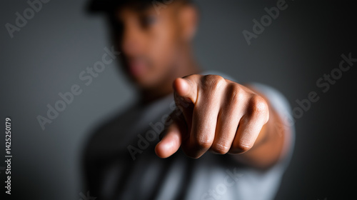 Man pointing finger directly at the camera with blurred city lights in the background.
