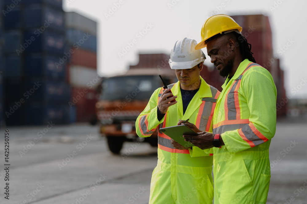 Industrial engineer standing at shipping container yard inspecting cargo delivering loading as plan. Cargo manager and diverse ethnic worker checking import export container at logistic terminal dock. Industrial engineer standing at shipping container yard inspecting cargo delivering loading as plan. Cargo manager and diverse ethnic worker checking import export container at logistic terminal dock.
