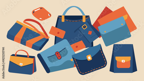 A collection of handbags and wallets made from old denim jeans and leather scraps.. Vector illustration