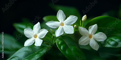 Close-up of Jasmine Flowers with Green Leaves, Delicate Jasmine Blossoms in Garden, Beautiful White Jasmine Flowers in Bloom

