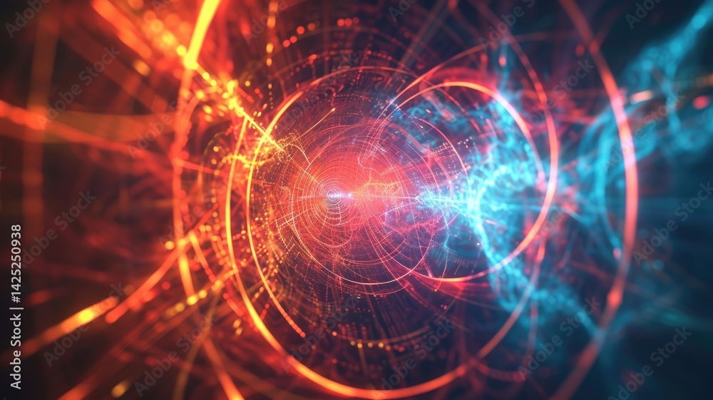 This abstract geometric design visually represents the theory of quantum mechanics, showcasing vibrant colors and dynamic patterns that evoke a sense of scientific exploration and energy.