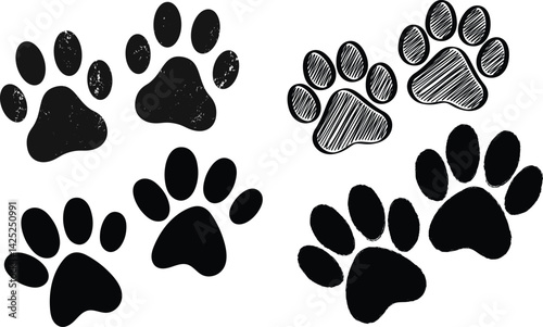Dog paws set. Paw print icon. Pet animal health care insurance symbol. Dog or cat footprint mark vector. Kitty paw with heart sign. Pet love logo.