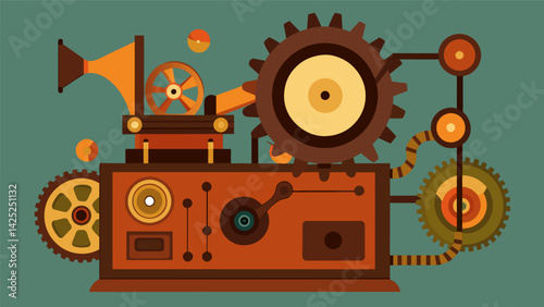 A record player fashioned from repurposed industrial machinery featuring exposed gears and pipes displayed in a steampunkinspired exhibit. Vector illustration