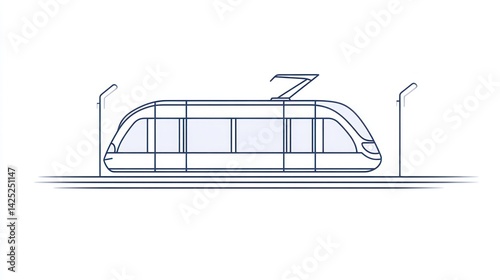 Outline drawing of a tram at a station.  Possible use for educational materials or infographics