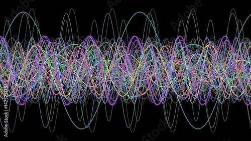 A compilation of many sinusoidal waves or sinusoids are moving with different amplitudes and frequencies shown in random colors against a black background producing a captivating visual display
