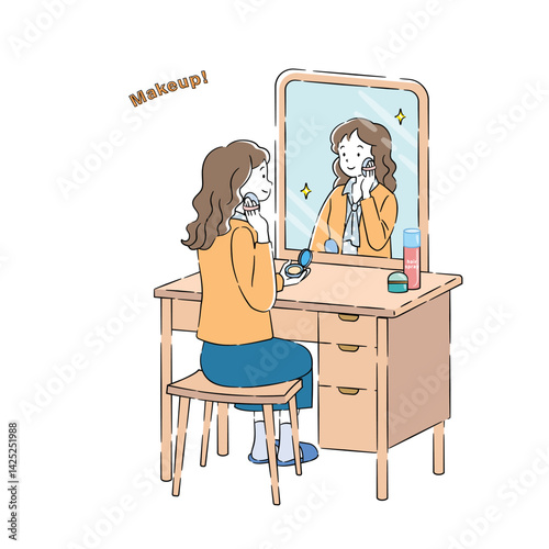 Illustration of a woman putting on makeup in front of a mirror 2C