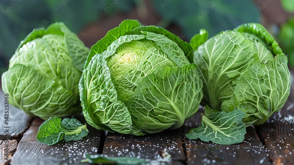 Fototapeta premium Fresh Green Cabbages on Rustic Wooden Tabletop Healthy Food