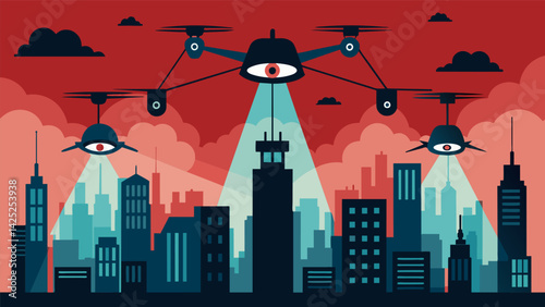 A network of drones hovering over a city projecting frightening messages and images onto buildings and streets instilling a sense of dread in anyone.