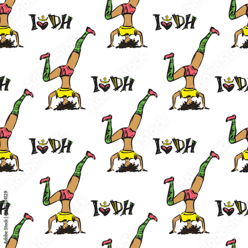 Dancehall girl, hand drawn seamless pattern, female character dancing, booty dance, texture design isolated on white background. Wallpaper template