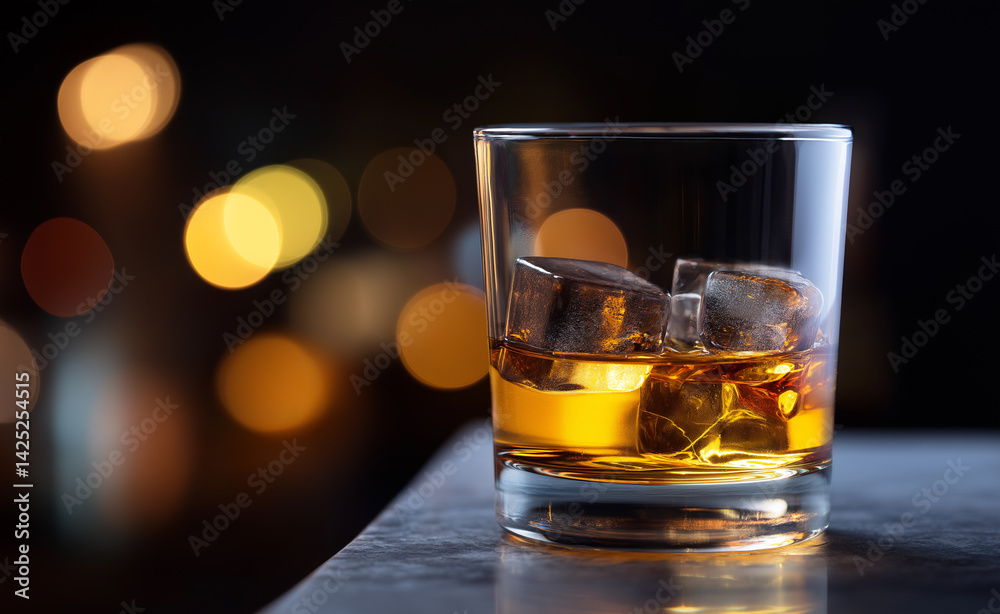 Glass of whiskey with ice cubes set against a dark, blurred background of colorful lights.
Glass of whiskey with ice cubes set against a dark, blurred background of colorful lights.