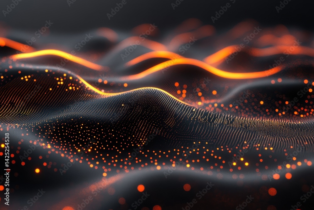 Abstract glowing orange particle waves flow on a dark, textured surface. Use for technology, science, or data-driven concepts and creative projects. Abstract glowing orange particle waves flow on a dark, textured surface. Use for technology, science, or data-driven concepts and creative projects.