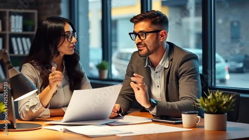 Two Business Professionals Collaborating on a Project in a Modern Office Setting