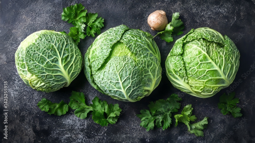 Fototapeta premium Three Fresh Green Cabbages with Parsley and Ginger on Dark Background Healthy Vegan Food Concept