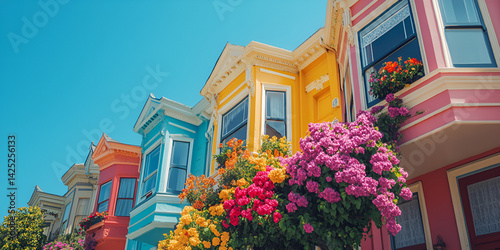 Colorful Row Houses with Blooming Flowers, Vibrant Facade of Colorful Buildings in City, Beautiful Homes with Lush Flower Boxes and Bright Colors

