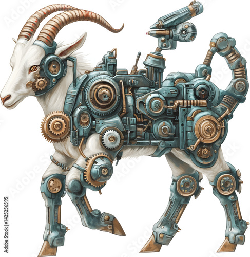 An isolated cybernetic goat on white background, vector, png
