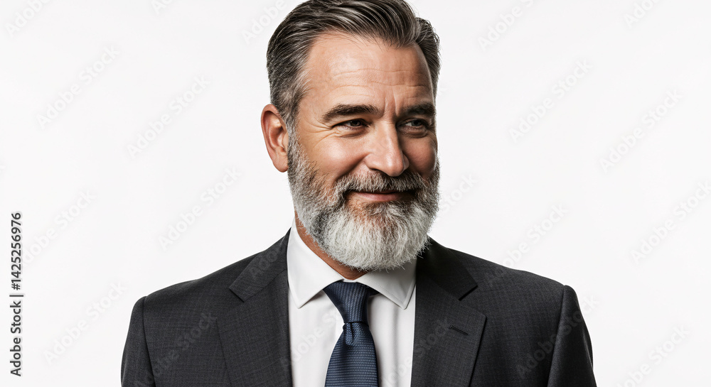 Professional portrait of a distinguished senior executive with a full gray beard and styled hair, dark gray business suit, white shirt, blue tie, leadership presence, minimalist background. Professional portrait of a distinguished senior executive with a full gray beard and styled hair, dark gray business suit, white shirt, blue tie, leadership presence, minimalist background.