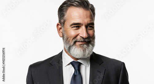 Professional portrait of a distinguished senior executive with a full gray beard and styled hair, dark gray business suit, white shirt, blue tie, leadership presence, minimalist background.