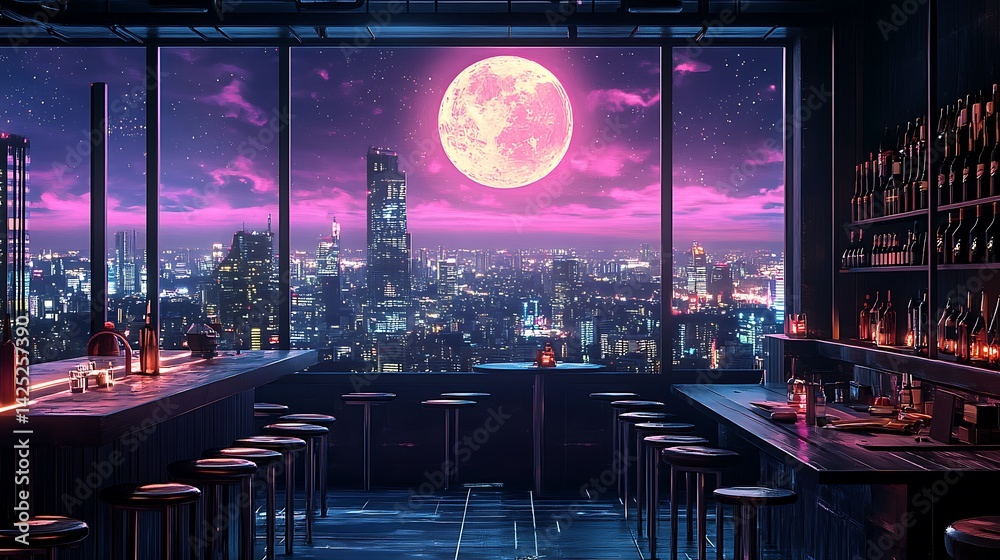 Obraz premium A vibrant bar scene with a large moon view overlooking a city skyline at night.