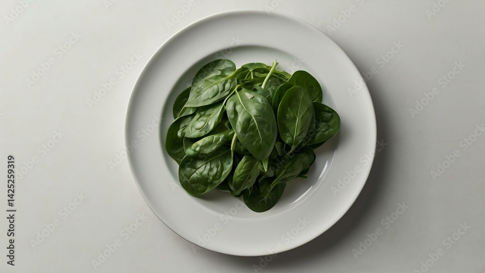 Fresh spinach leaves artistically arranged on a clean white plate against a neutral background to emphasize vibrant greenery Fresh spinach leaves artistically arranged on a clean white plate against a neutral background to emphasize vibrant greenery