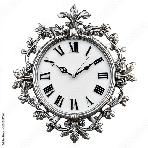 Silver Ornate Wall Clock with Roman Numerals