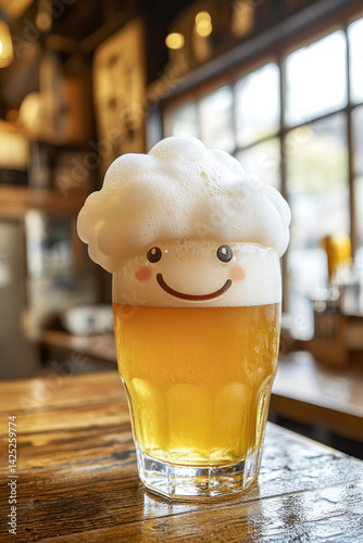 A beer glass with foam that looks like a fluffy cloud, smiling at its frothy friends
