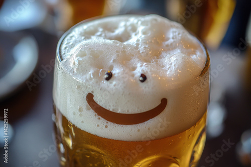 A beer glass with foam that looks like a fluffy cloud, smiling at its frothy friends
