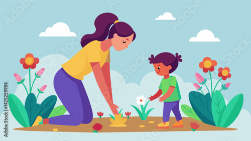 A mother holding her childs hand as they explore a flower garden their feet sinking into the spongy ground and tickling their senses..