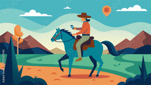 A horseback rider sets off on a journey through the vast open prairie their beloved equine companion wearing a GPS device to ensure they stay on the. Vector illustration