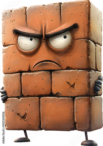 An isolated grumpy walking brick on white background, vector, png