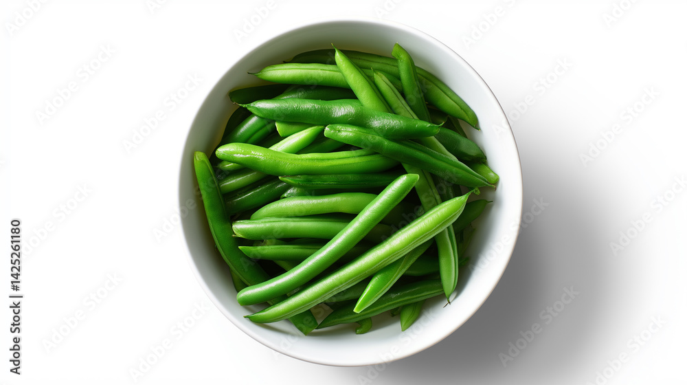 Fresh green beans neatly arranged in a white bowl on a bright white background.