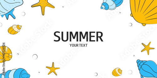 Vector illustration of summer background with sea ​​creatures and shells. Design for greeting card, invitation, banner, sale, advertising.