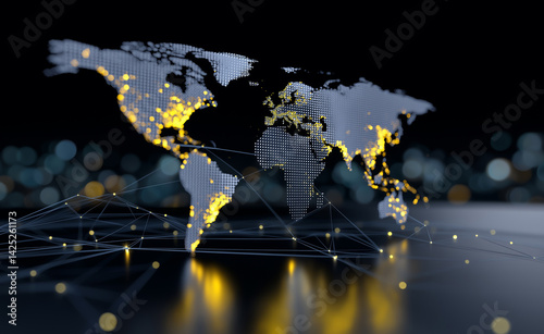 Glowing golden digital world map with interconnected points representing global communication and technology networks.
