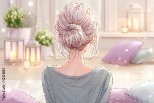 Woman sitting peacefully in cozy room with glowing candles, soft cushions and blooming flowers