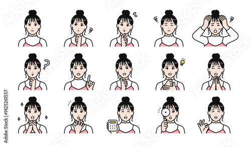 まとめ髪の若い女性の様々な表情バリエーションセット