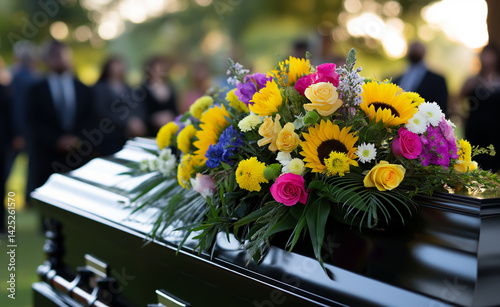 Casket adorned with vibrant flowers during an outdoor funeral service as mourners stand in the background.
