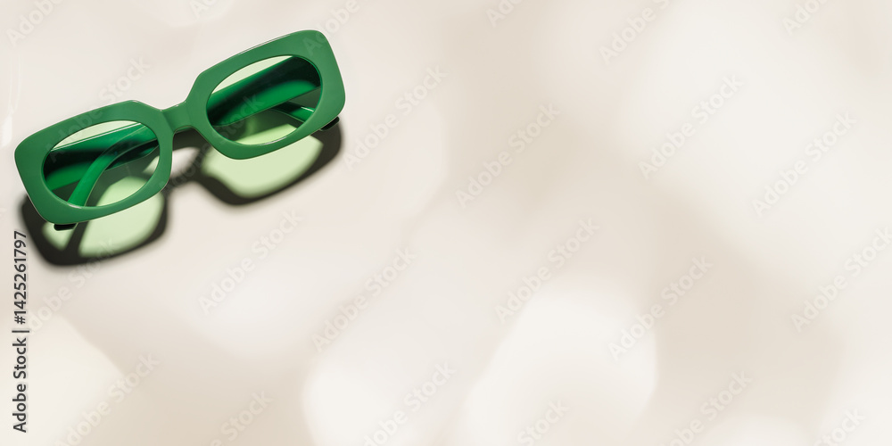 Stylish green colored sunglasses with sunshine on beige background, banner, shadow and glare from sunlight, summer fashion plastic-framed glasses. Minimal aesthetic view lifestyle photo
