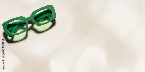 Stylish green colored sunglasses with sunshine on beige background, banner, shadow and glare from sunlight, summer fashion plastic-framed glasses. Minimal aesthetic view lifestyle photo