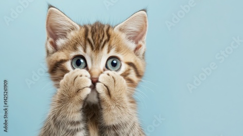 A kitten looking shy and bashful, tiny paws covering face, soft background