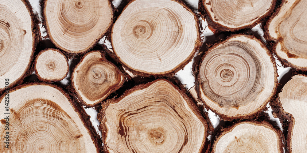 Round Slices of wood timber of juniper tree as natural geometric pattern, abstract nature banner. Natural wooden organic textures, monochrome brown beige gradient, earthy tone, top view backdrop
